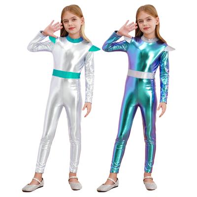 Kızlar Uzaylı Cosplay Kostüm Uzay Astronot Robot Tulum Uzun Kollu Parlak Metalik Bodysuit Cadılar Bayramı Noel Giydirme İçin
