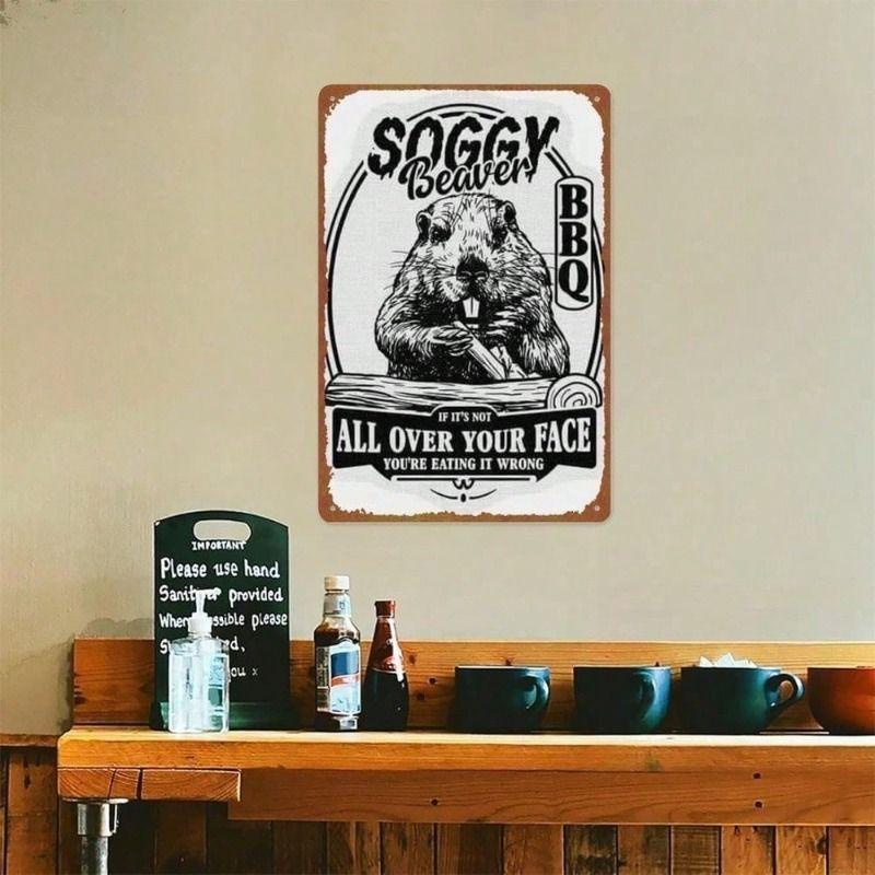 Metal Wall Art Funny Beaver BBQ Poster for Bar