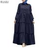 ZANZEA Women Casual Turn Down Collar Loose Long Sleeve Muslim Dress