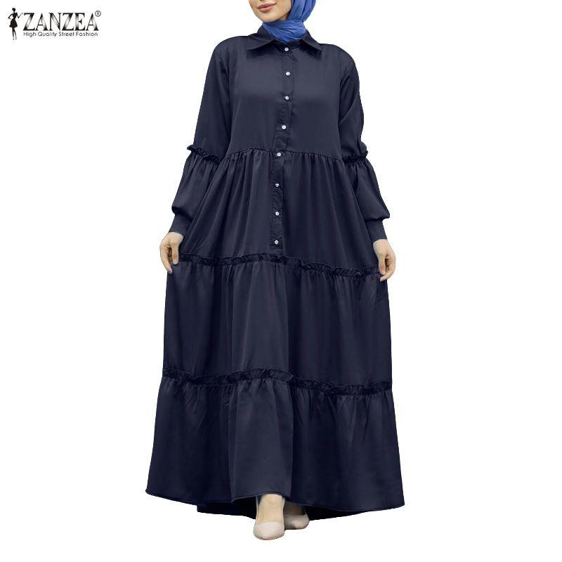 ZANZEA Women Casual Turn Down Collar Loose Long Sleeve Muslim Dress