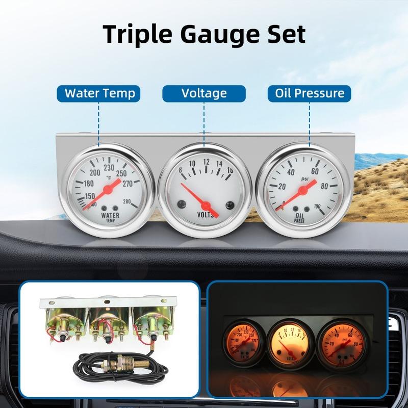 3 in 1 Triple Gauge Kit Water Temp Gauge Oil Pressure Meter Voltage With LED Light Gauge Set For Car Auto Vehicle Accessories
