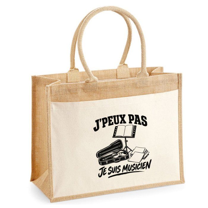 Sac Cabas Jute avec Poche J’peux pas je suis Musicien J'peux pas minimaliste | Toile de Jute et Coton 21 L Fond Plat Anses 65 cm