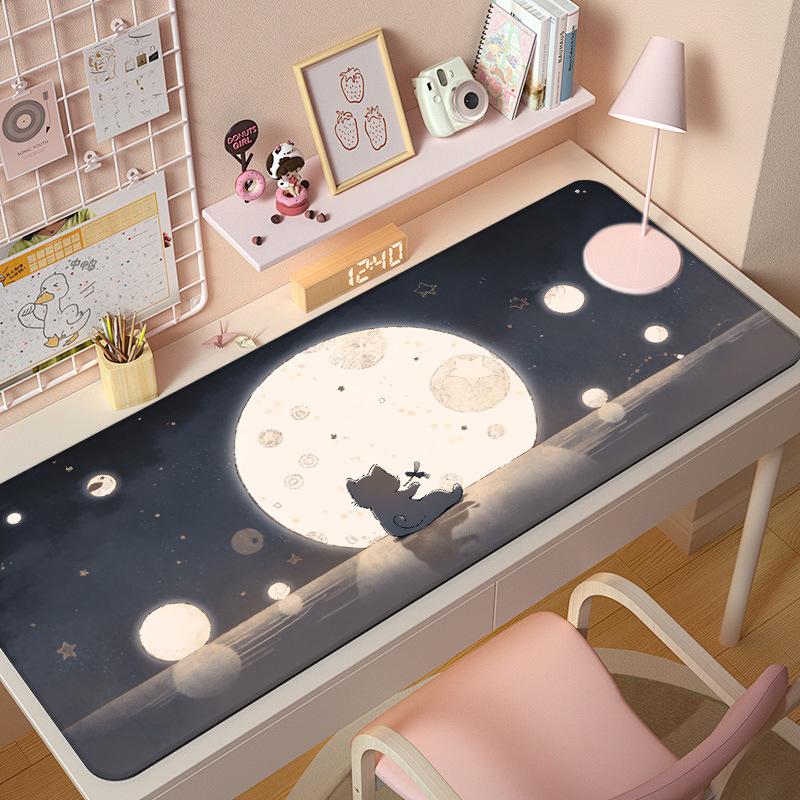 Extra Large Cute Cat Cartoon Mouse Pad with Stitched Edges - Aesthetic Desk Mat for Girls