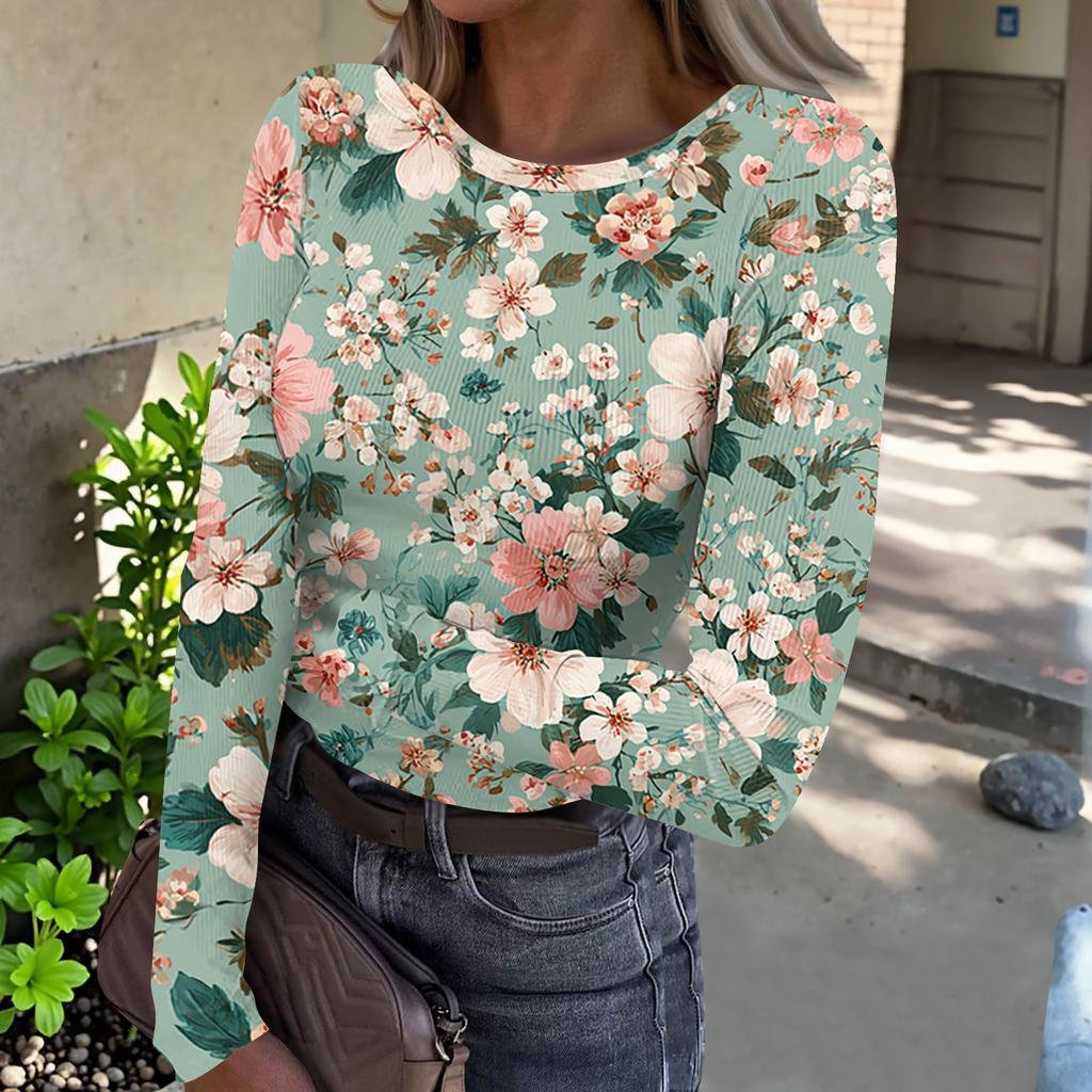 Women’s Casual Long Sleeve Crew Neck Top with Floral Print Ribbed Texture Lightweight Pullover Blouse for Everyday Wear