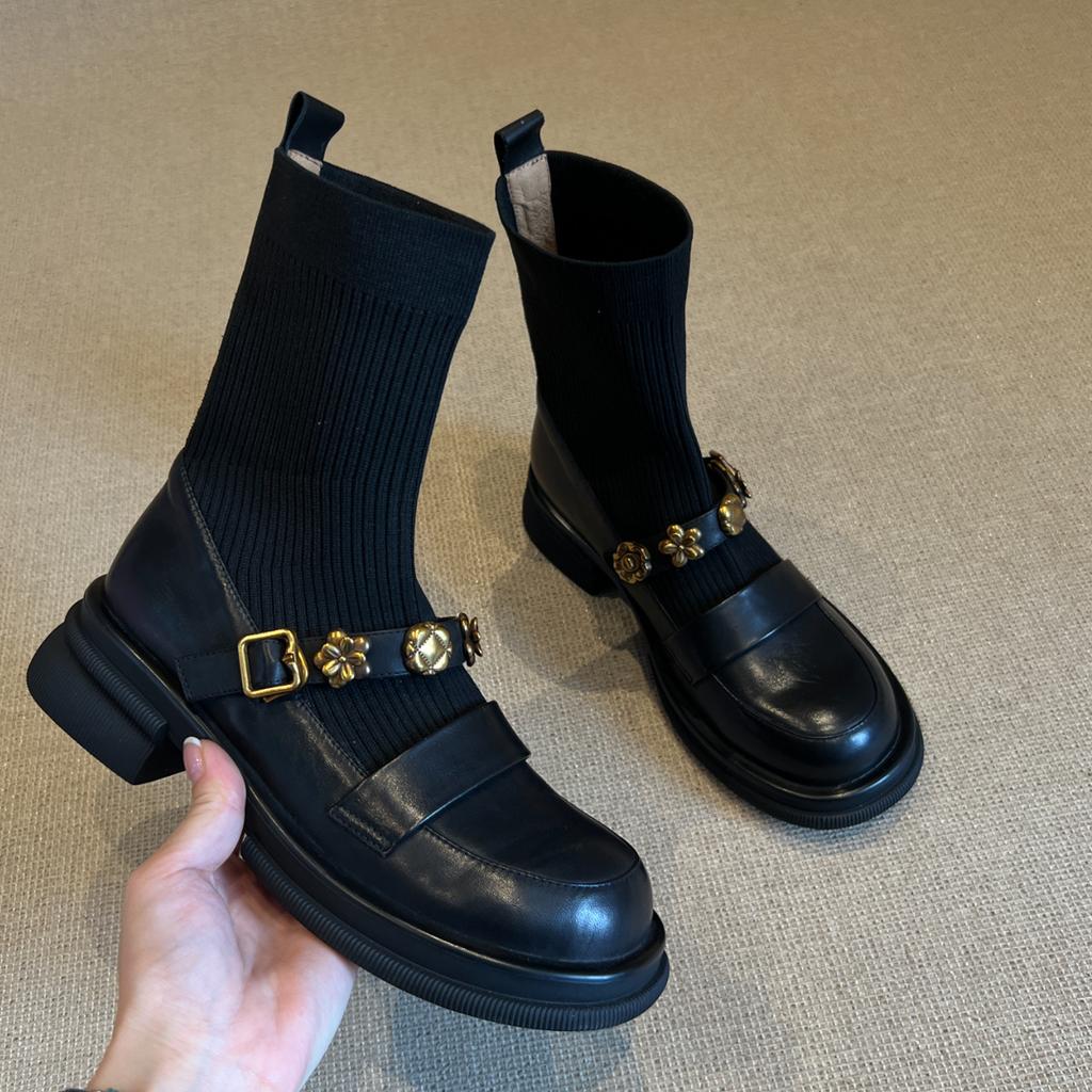 Thick-soled Metal Buckle Elastic Short Boots Retro College Style Knitted Thin Boots Women's Versatile Loafers Boots