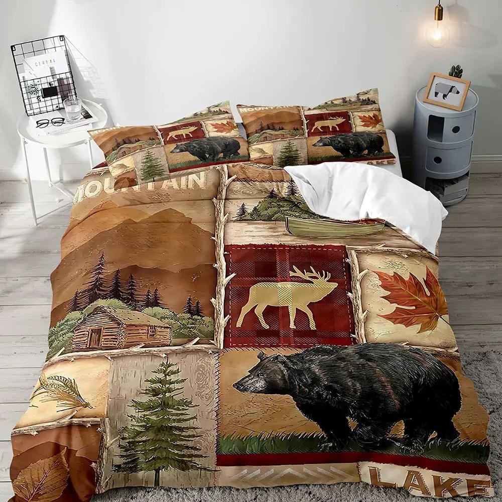 Elch Schwarzbär Bettbezug Queen Set, Wildtiere Hirsch Bettwäsche Set, Rustikales Schlafzimmer Dekor für Männer Freund Teenager Junge, 2 Kissenbezüge