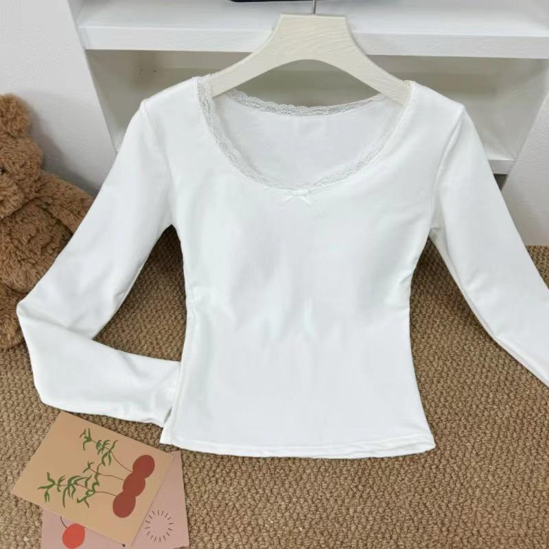 Women's White Lace Long Sleeve Slim Fit T-Shirt - Sweet & Spicy Autumn/Winter Top