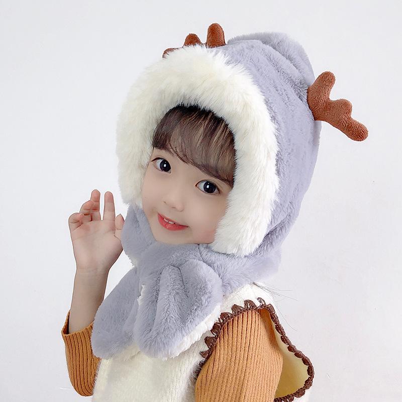 Winter Children's Hats Boys and Girls Scarves Integrated Plush Hats Cute Baby Antlers Fleece Ear Hats Tide