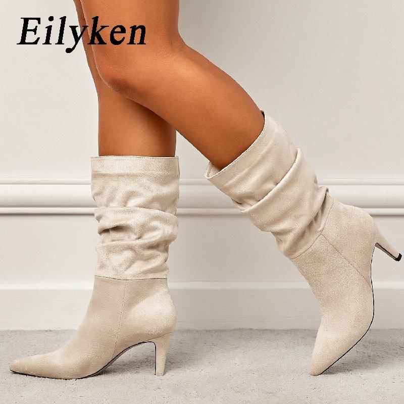 Fashion Eilyken Pleated Pointed Toe ANKLE Boots Women Fashion Thin Low Heels Shoes Autumn Vintage Western Mid-Calf Booties Zapatos Mujer