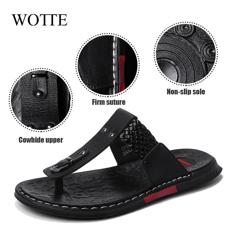 WOTTE Men Sandals 2024 Summer Cow Leather Fashion Classics Casual Men SFlip Flops Non-Slip Men Summer Shoes Chanclas Hombre