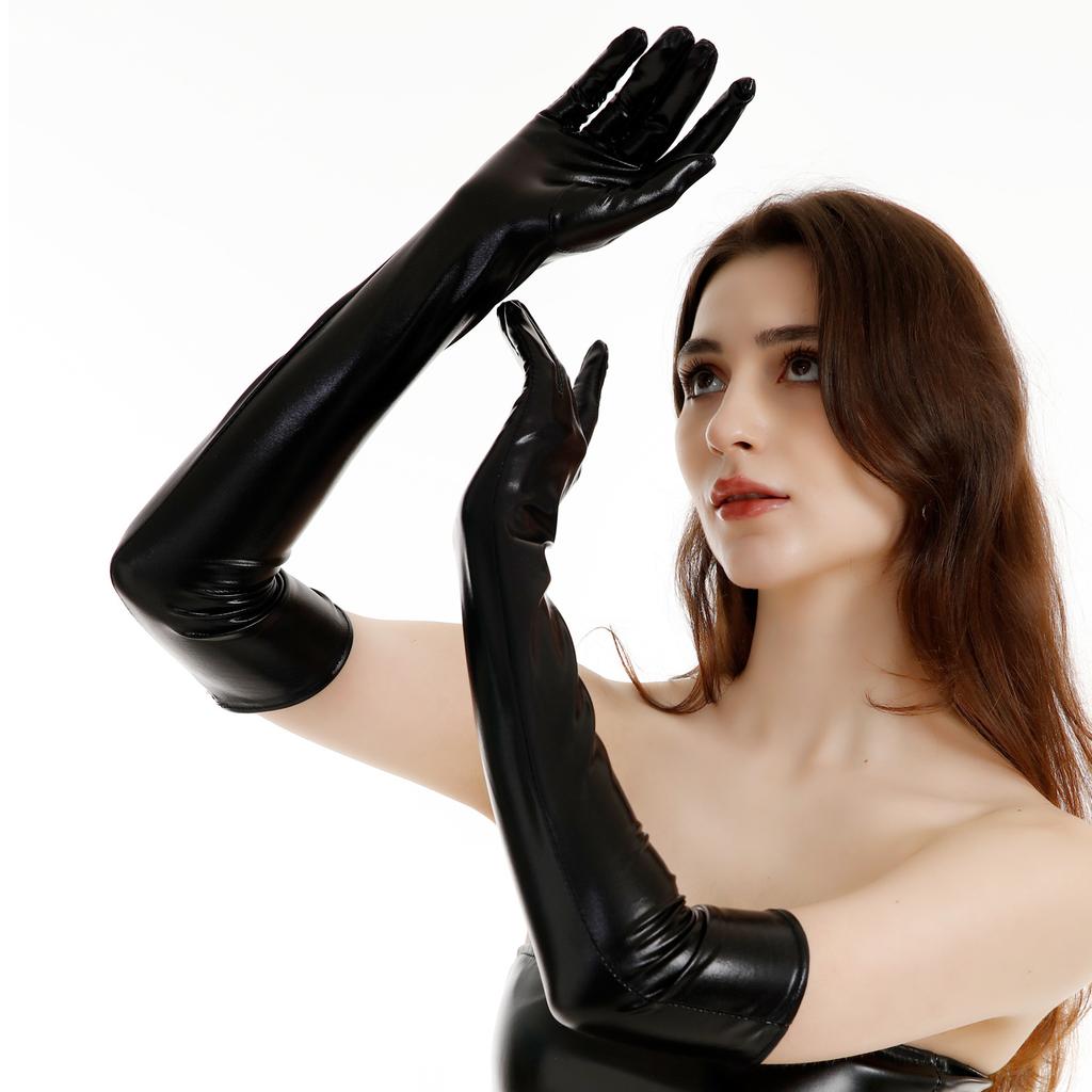 Sexy Patent Long Gloves, Cosplay Costume Accessories, Black Tight Fit Pole Dance Performance Gloves, Halloween