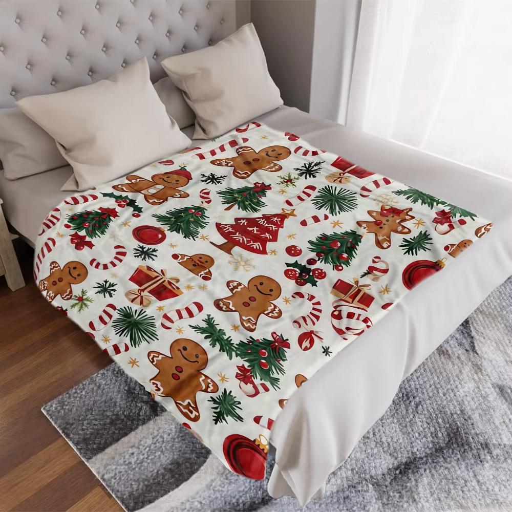 Christmas Blanket, Ultra-Soft Flannel Throw, Gingerbread Wonderland Print, Festive Holiday Decor