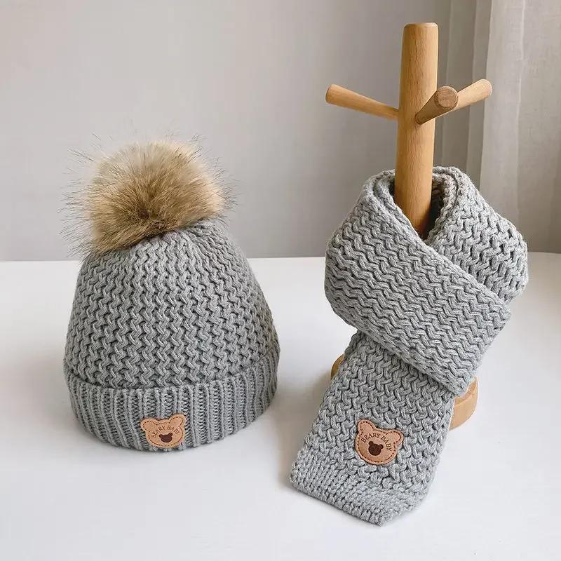 Warm Knitted Young Kids Beanie Scarf Set for Boy Girl Cute Cartoon Bear Crochet Bonnet for Toddler Autumn Winter Knitted Hat