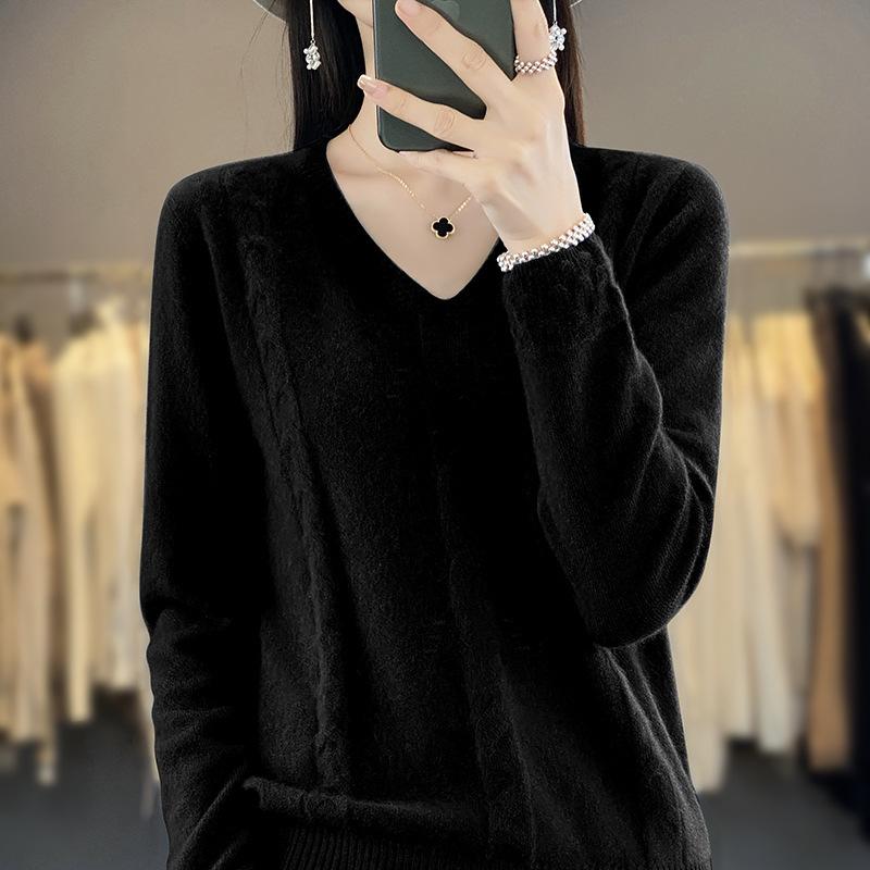 Spring Knitted Sweater, Pullover, V-neck Base Layer, Plush Sweater for Women