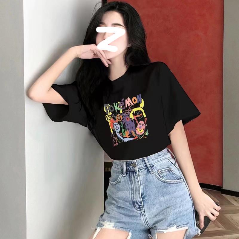 Black Graffiti Print T-shirt Women's Crew Neck Short Sleeve 2025 Summer New Small Pure Cotton Loose Foreign Style Top
