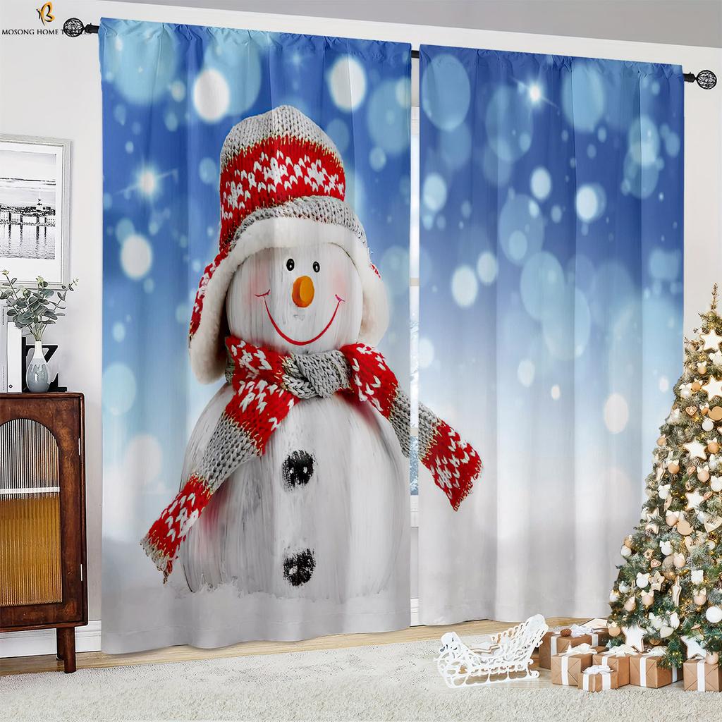Weihnachtsbaum Schneemann Kamin Cartoon-Druck Vorhänge Geeignet für Schlafzimmer Restaurant Neujahrsparty Dekoration Vorhänge 2 Stück