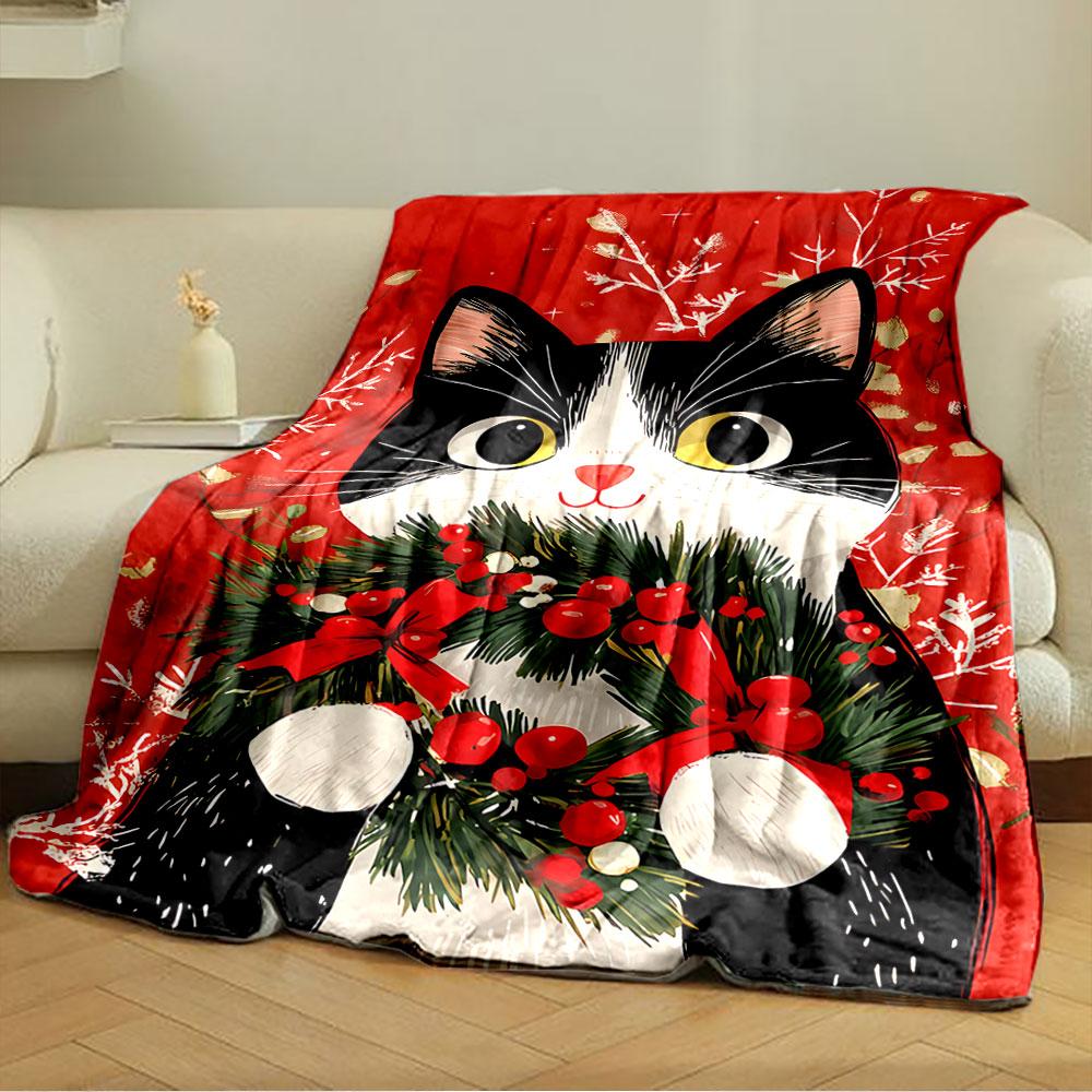 Festive Cat with Wreath for all seasons blanket lunch break throw gift