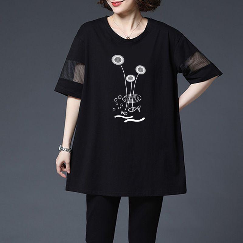 Mittleres und langes Oberteil zum Bedecken des Bauchs, kurzärmeliges Sommer-T-Shirt mit Netz-Patchwork für Mütter mittleren Alters und lockeres, großes, schmales Oberteil