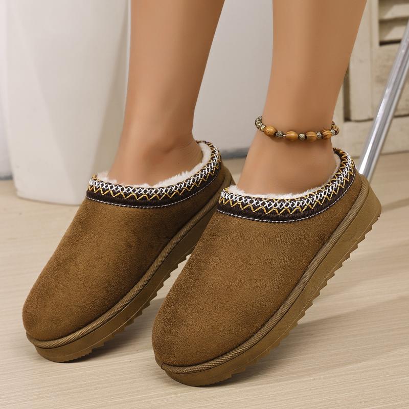 Fashion Ethnic Geometric Embroidery Close Toe Cotton Slides Women 2025 Short Plush Flat Heel Snow Boots Winter Warm Indoor Slippers