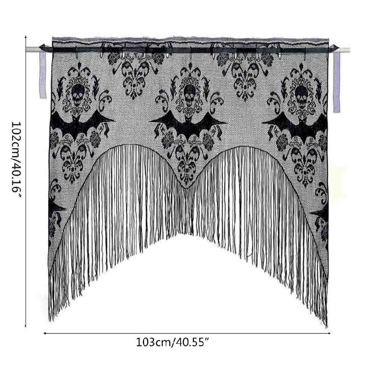 Halloween Black Lace Curtains Tassel Valance Skull Bat Tulle Topper Shawl
