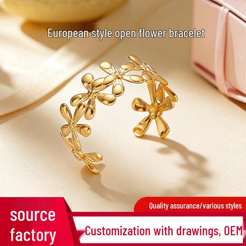Европейский Цветочный Роскошный Регулируемый Открытый Браслет Steel Color