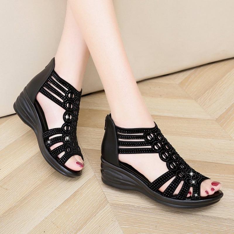 thick-soled slope heel sandals women's summer new hollow rhinestone lightweight muffin fish mouth sandals large size