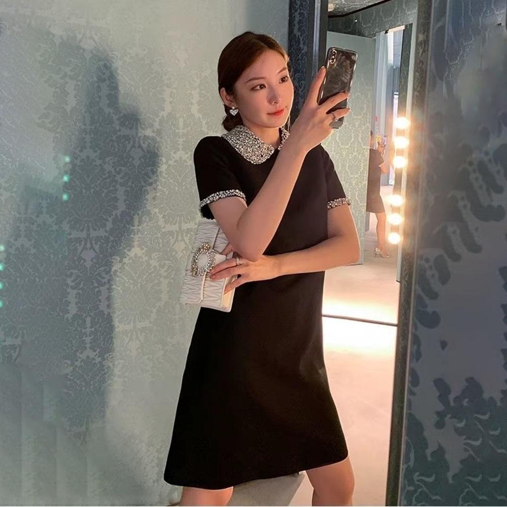 Summer Chic Sparkling Diamond Beaded Dress Short Sleeve Shirt Dress Fashion  Office Lady T Shirt Dress Mini Dress Women Buy cheaply on Joom
