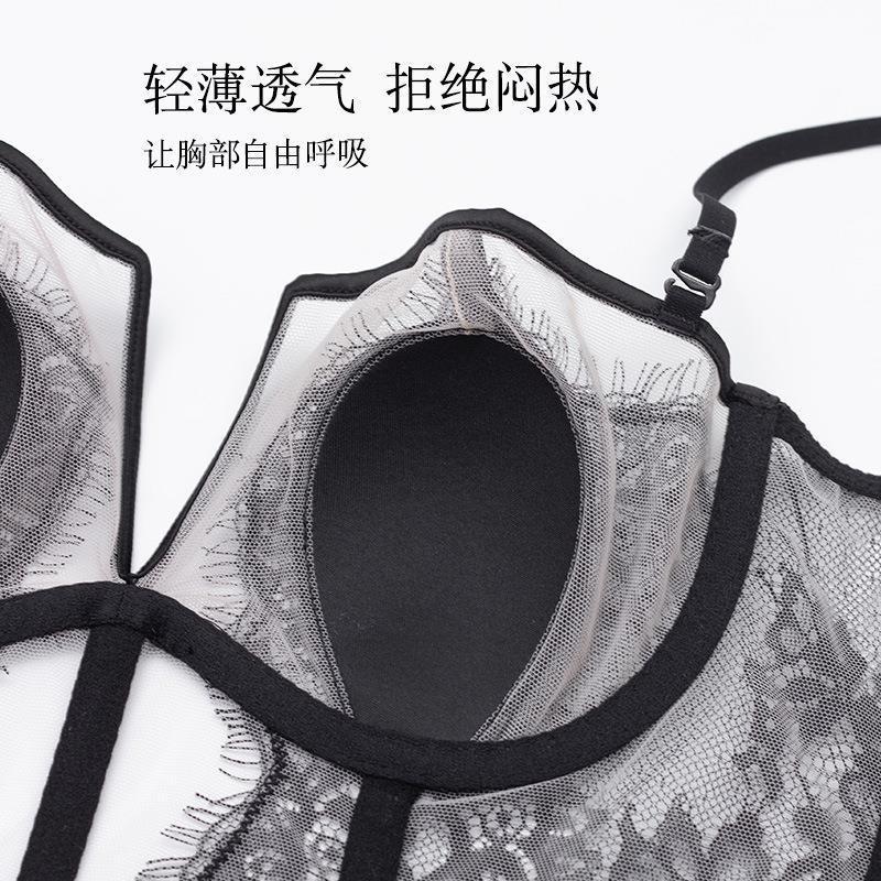 French underwear women's sexy thin eyelashes lace beautiful back underwear soft steel ring large chest small large size bra