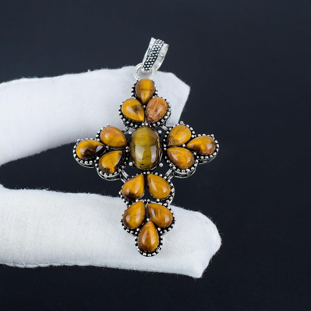 Natural Tiger Eye Gemstone Silver Cross Pendant In 925 Sterling Silver - Handmade Pear Design, Everyday Wear Jewelry Party Wear Gift
