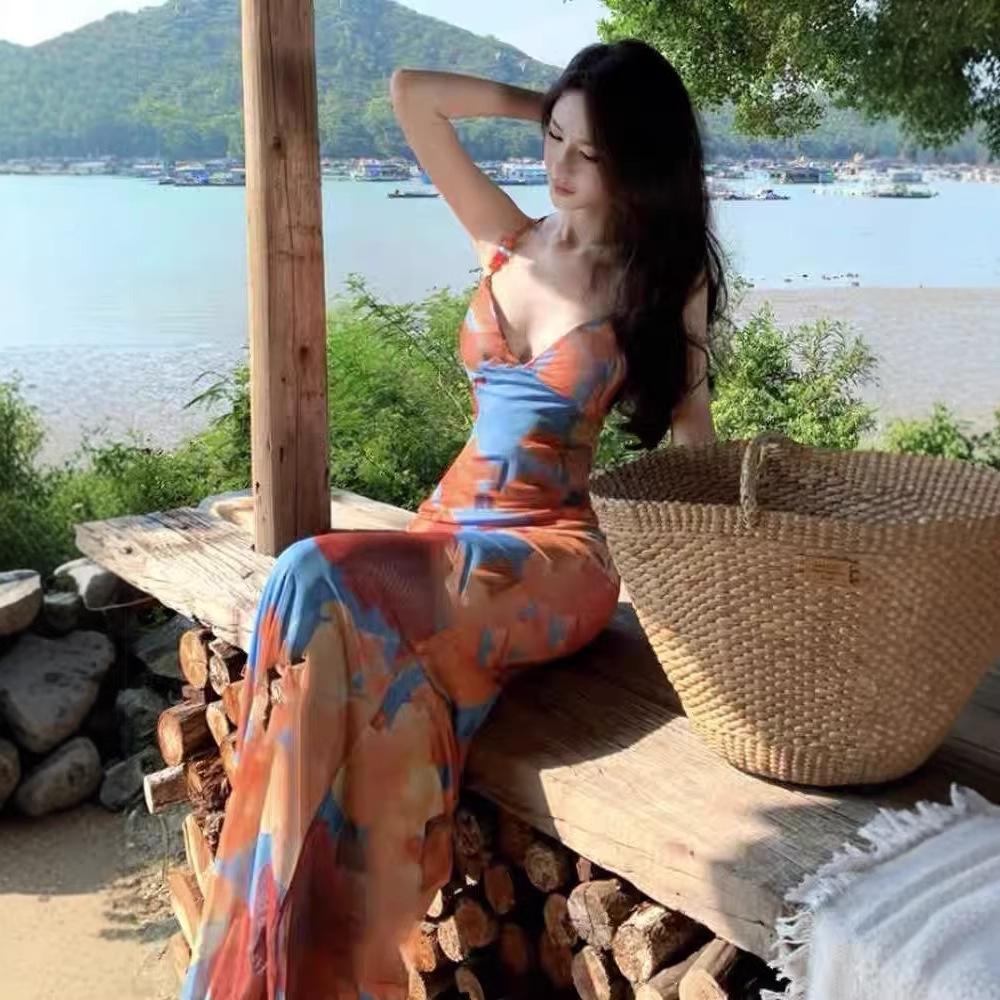 Seaside vacation style fun printing suspender dress women's summer new waist and thin sexy backless long skirt