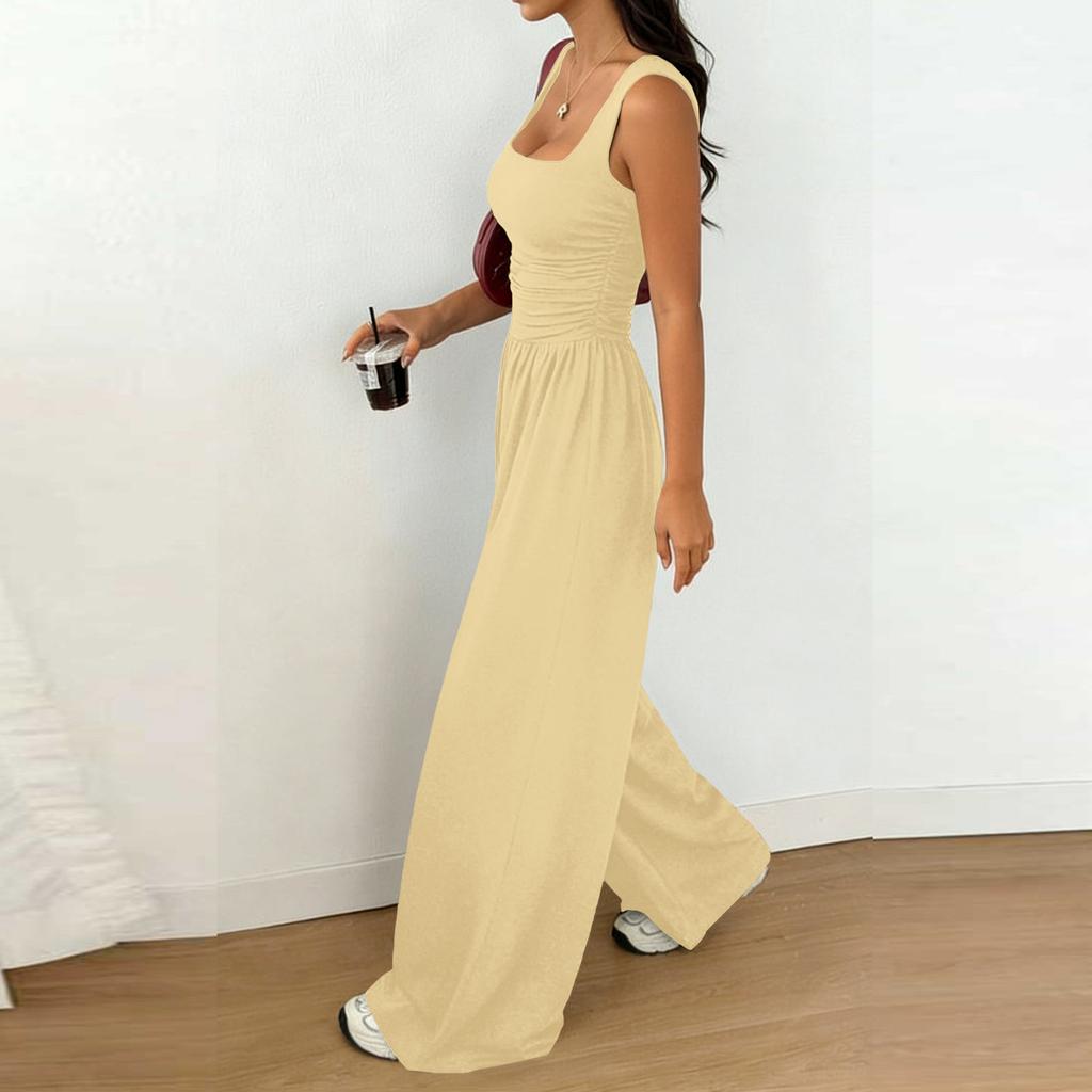 Women Sleeveless Wide Leg Jumpsuit Square Neck Ruched Bodice Casual Loose Fit Long Pants Outfit