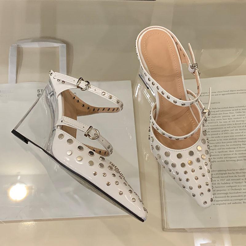 Fashion Fashion Rivet Crystal Heels Women Wedges Pumps Shoes Footwear Pointed Toe Female Super High Heels Slides Ladies Wedges Shoes