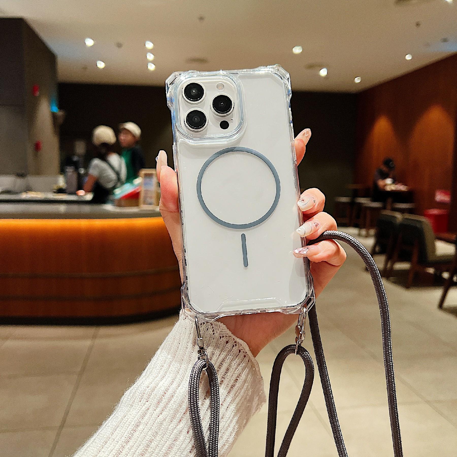 

For iPhone 16 Pro Max Magnetic Case with Lanyard Drop-Proof TPU+PC Phone Back Cover Grey