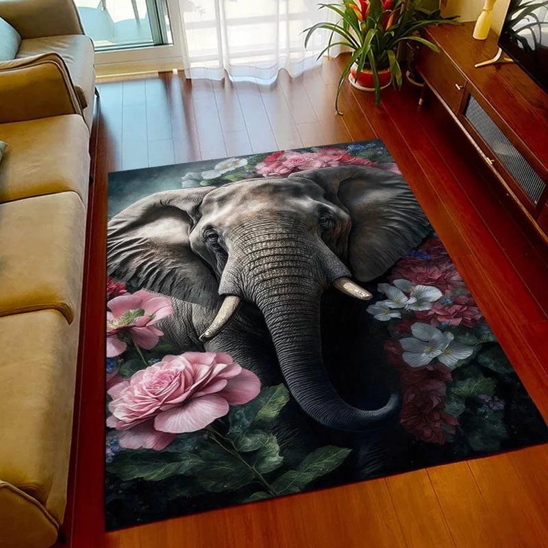 3D Printed Africa Elephant Face Close-up Animals Rugs for Bedroom Home Decor Play Mats Living Room Carpets Non-slip Floor Mats