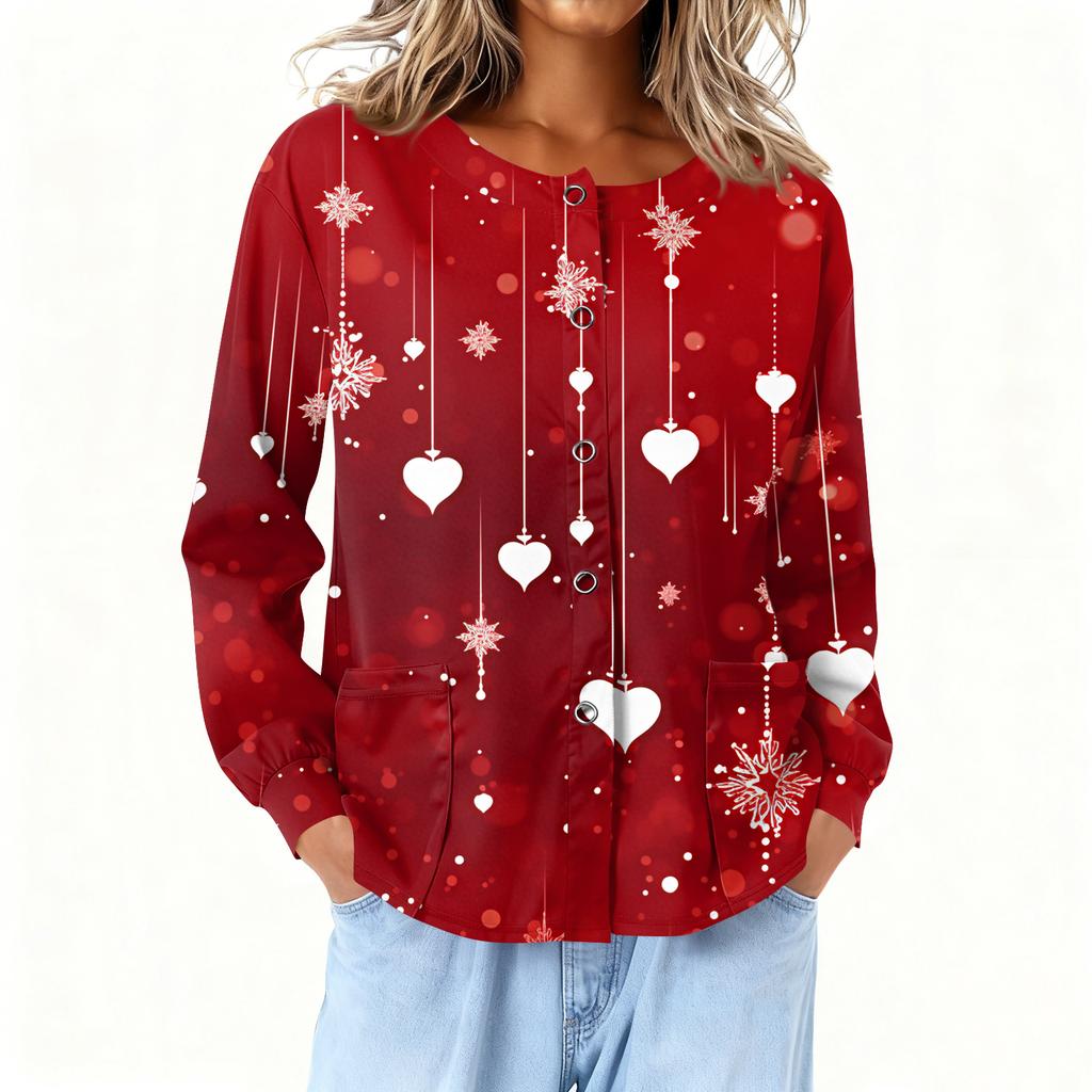 Women Long Sleeve Printed Pocket Working Stand Collar Single-breasted Protective Overalls Cardigan Jacket Top