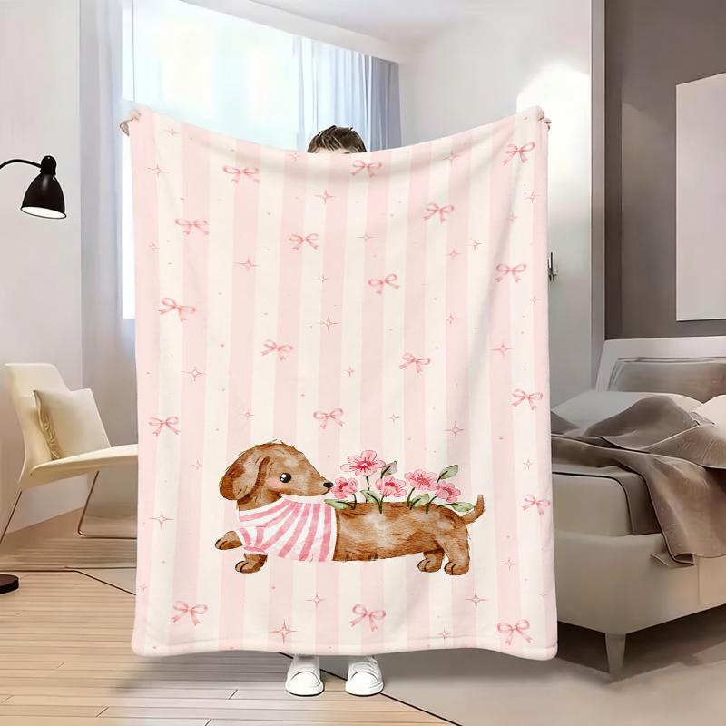 Pink Stripe Bow Dachshund Flannel Blanket For Sweet Bedroom Decor Soft Warm Throw Blanket Cover