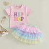Kleinkind Mädchen Sommer Outfit Buchstabenstickerei Kurzarm T-Shirt mit buntem gestuftem Tüllrock 2-teiliges Set
