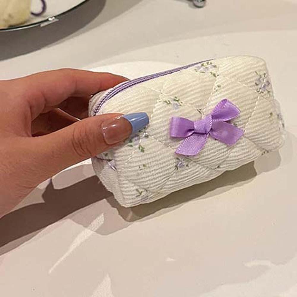 Embroidered Bowknot Quilted Cosmetic Pouch Floral Print Small Coin Purse Teenage Girls