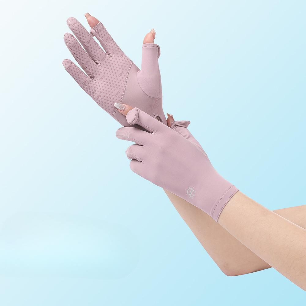 Sunscreen Gloves for Summer Women's Outdoor Anti UV Rays and Anti Slip Two Finger Thin Driving Touch Screen Cool Ice Silk Gloves