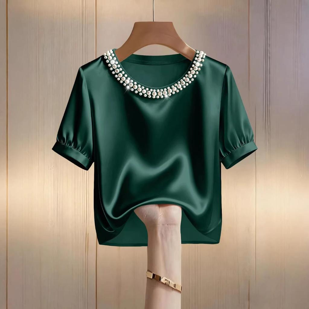 Damen Sommer Französisches Satin-Perlenkragen Kurzarm-T-Shirt mit Elegantem Temperament