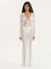 Women Sexy White Knit Swimsuit Cover Up Deep V-neck Tie Hollow Out Long Sleeve Beach Maxi Dress 2025 Summer Holiday Outfit K186