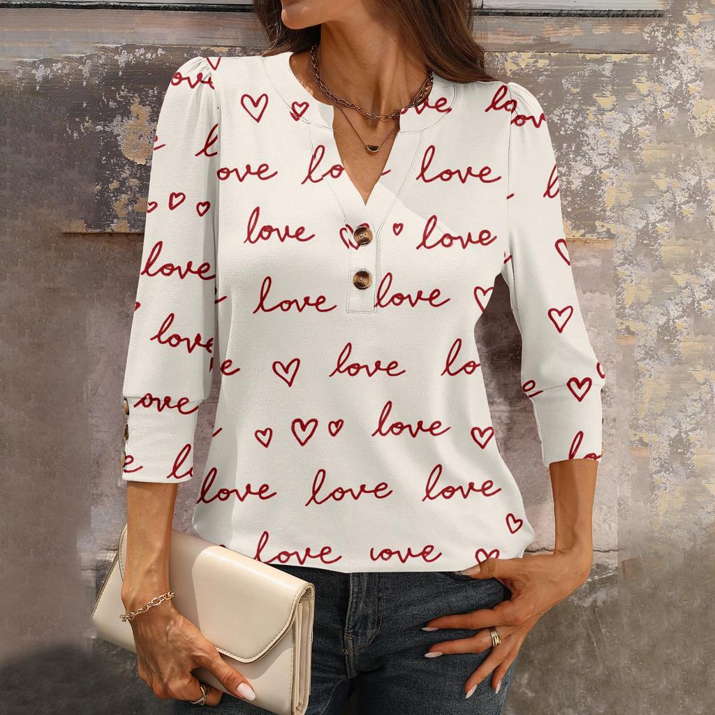 Women's Loose 7,inch Sleeve Top with Heart Print