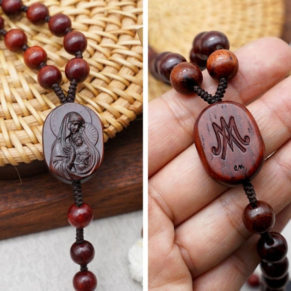 Religious Wood Beads Necklace with Storage Bag Crucifix Pendant Chain Handmade Rosary Necklace  Men
