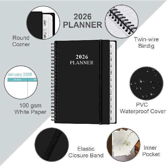 2026 Planner - Weekly & Monthly Planner from January 2026 - December 2026, Planner 2026 with Flexible Cover, Tabs, Inner Pocket, 6.4" x 8.5", Black
