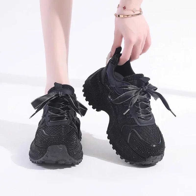 Fashion 7cm Summer Luxury Designer Women Daddy Rhinestone Sneakers Thick Bottoms Mesh Pink Sweet Ladies Tenis Platform Shoes Spring