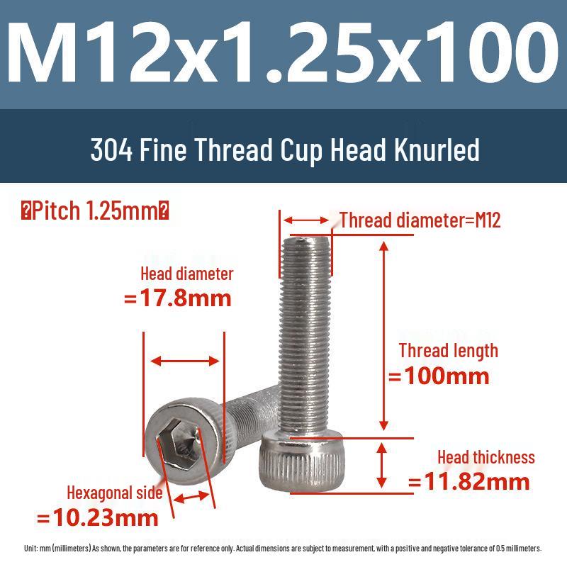 Yigu Fine Thread Knurled Socket Head Screws, 304 Stainless Steel, M3-M12