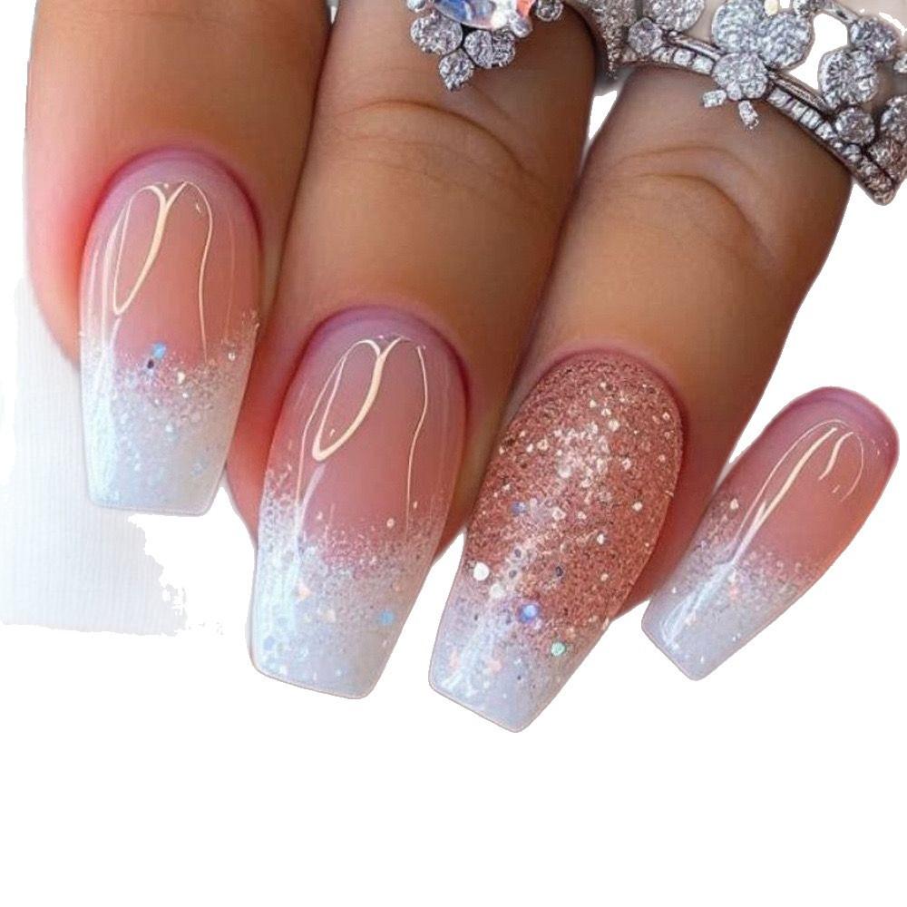 Short Medium Long fake nails golden brown silver sparkling glitter Square almond ballet tips press on false nail art