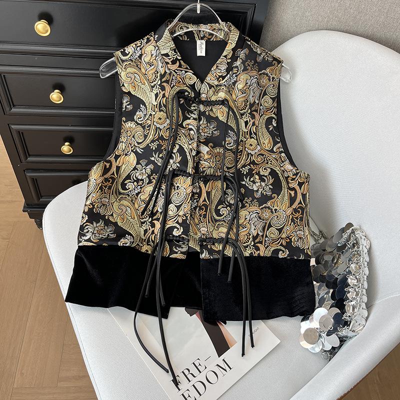 

Винтажный вышитый модный жилет, женственный жилет с бахромой и воротником-стойкой на дисковой пряжке L [Recommended 100-56kg]