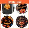 Contemporary Round Wooden Decor Sign For Halloween With Charming Black Cat Pumpkin And Ghost Motifs