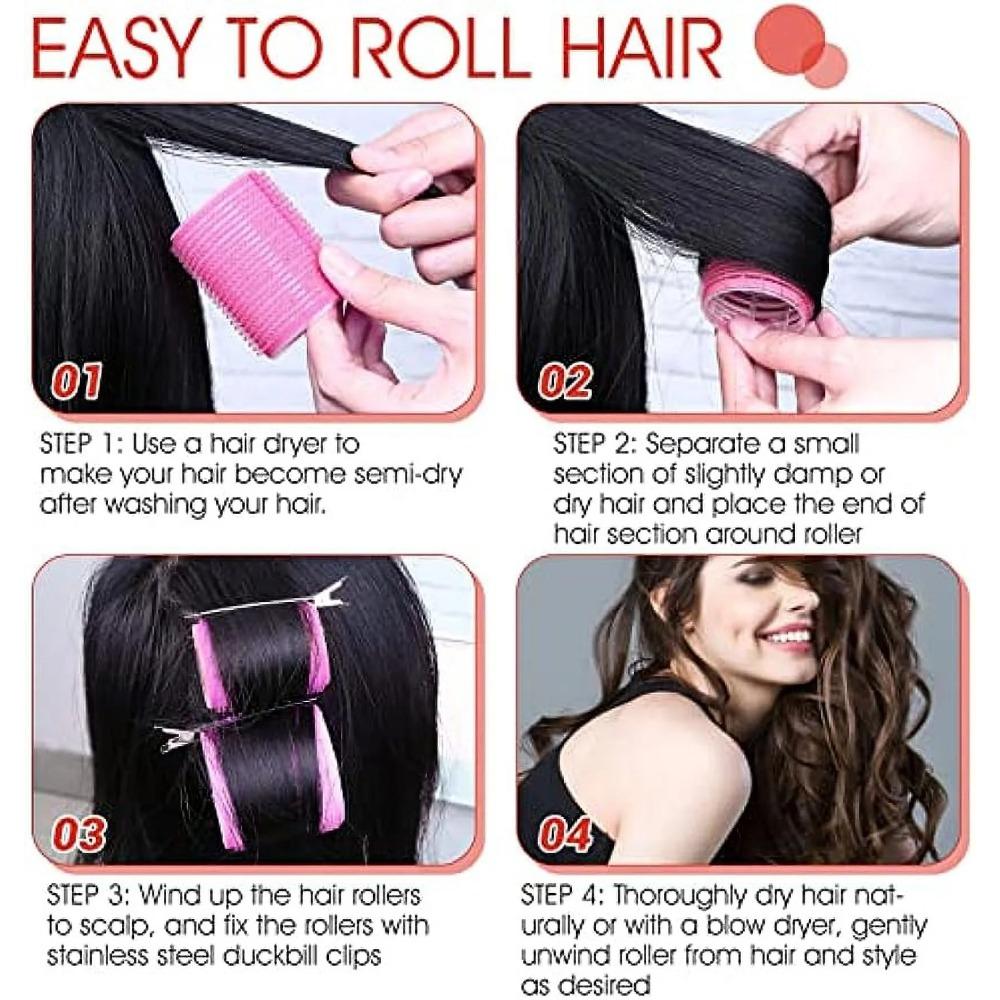 Giant curling wand roller set, 24 pieces, including 12 self-grip curling wands and 12 stainless steel duckbill clips (rose red)